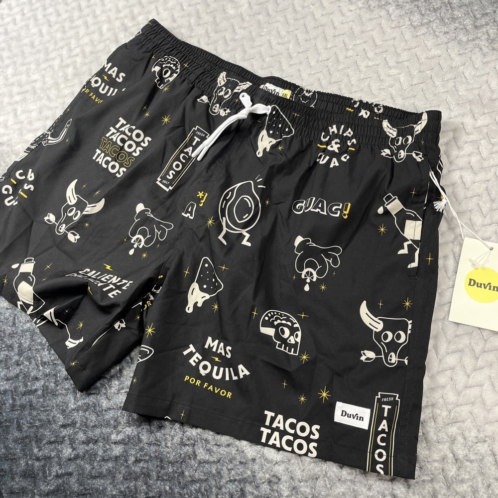 NEW Duvin Swim Shorts Men XXL Lined Drawstring Pockets Beach TACOS TEQUILA SKULL
